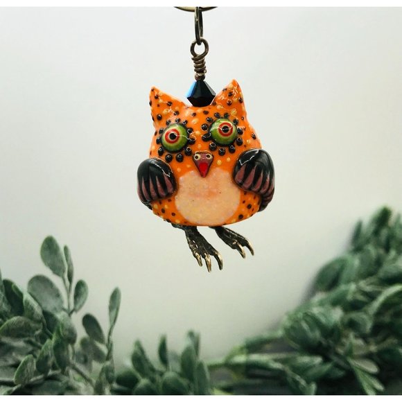 Pendant glass owl movable feet orange brown with dots - Picture 2 of 6